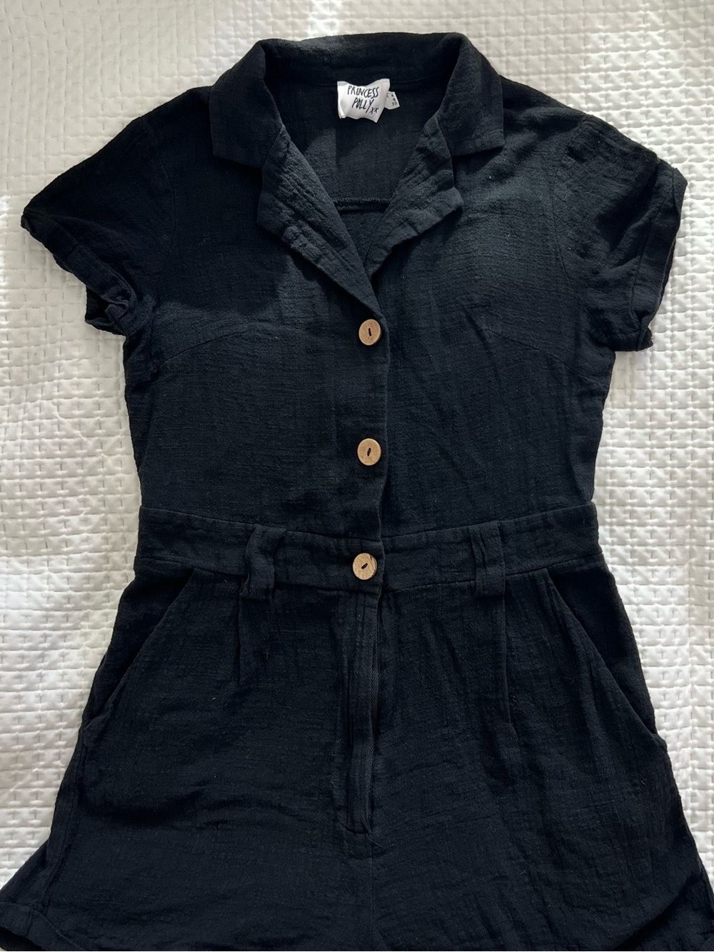 Princess Polly Black Short Sleeve Button Romper with Coconut Shell Buttons